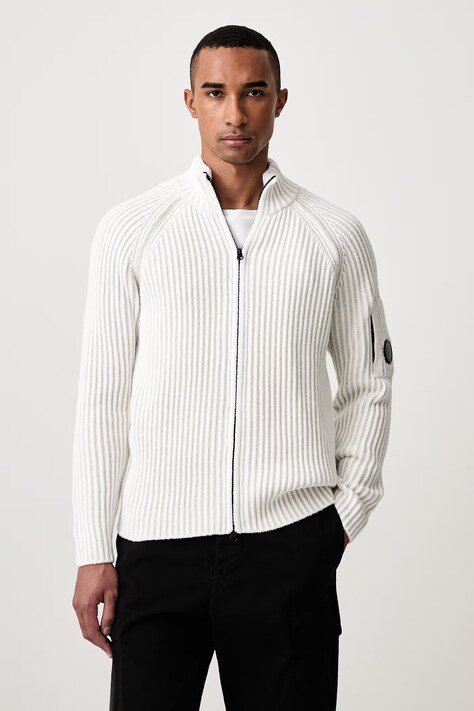 C.P. Company Sweter rozpinany męski z dodatkiem wełny biały 21CMKN300A006170A
