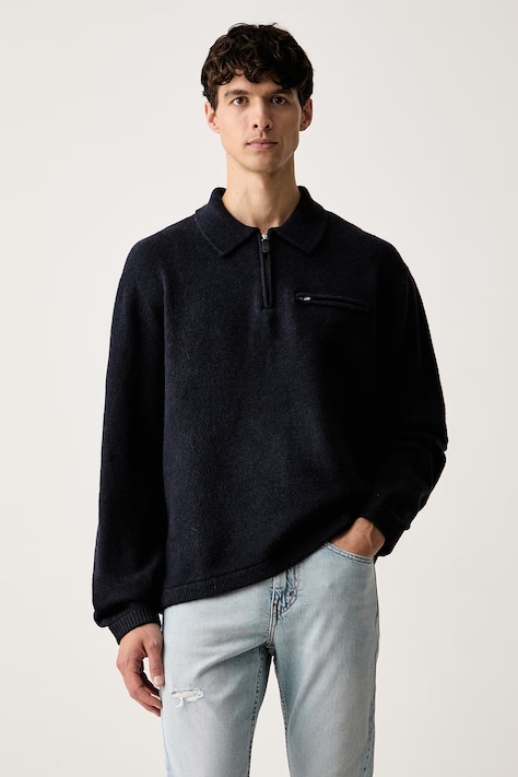 Levi's pulover pentru bărbați cu amestec de lână BOULDER COLLARED HALF ZIP bleumarin 007W2