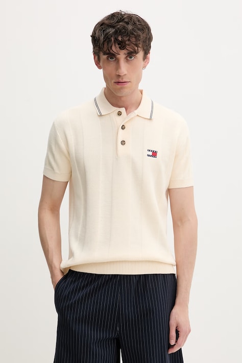 Tommy Jeans πλεκτό μπλουζάκι πόλο ανδρικό βαμβακερό μπεζ DM0DM23208