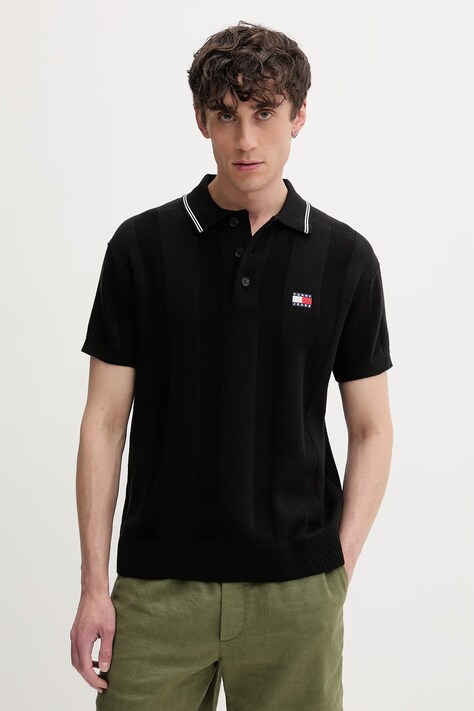 Tommy Jeans πλεκτό μπλουζάκι πόλο ανδρικό βαμβακερό μαύρο DM0DM23208