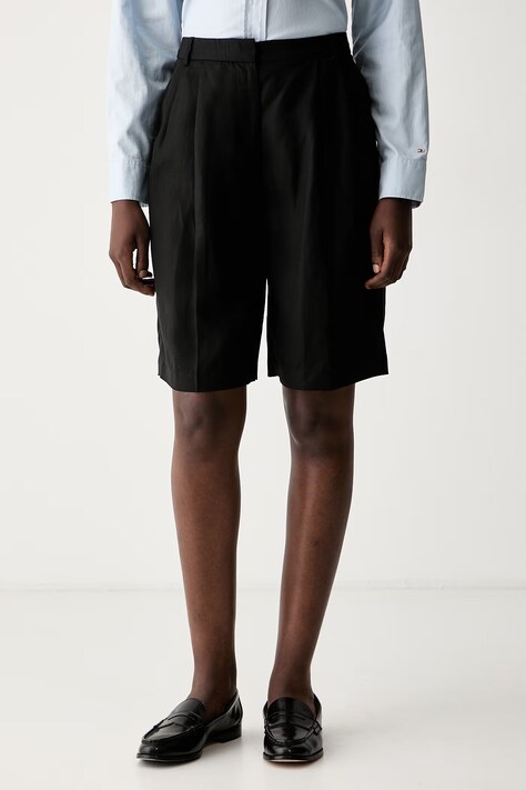 Tommy Hilfiger bermuda hlače ženske z dodatkom lanu črne klasičen pas WW0WW50084