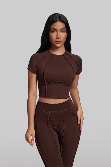 BetterMe T-shirt sportowy damski Contour Stitch Crop brązowy TSH00005