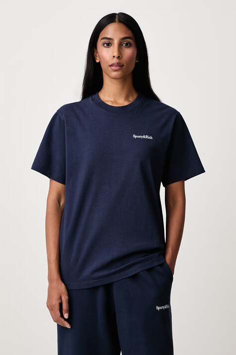 Sporty & Rich Serif Logo T-shirt bawełniany damski granatowy TO11984300BL106