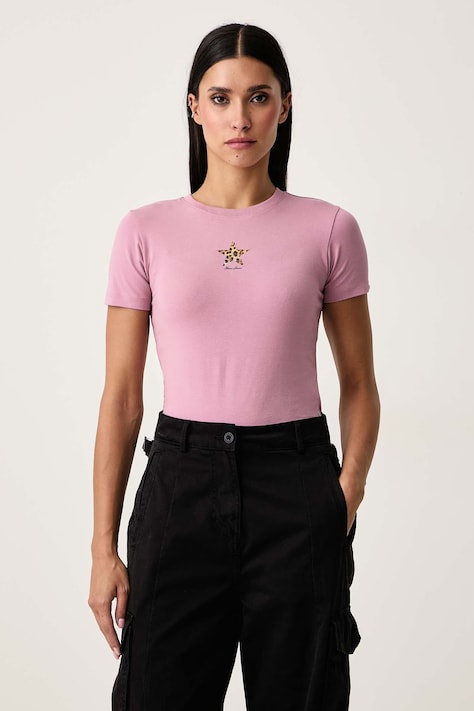 Guess Jeans T-shirt damski bawełniany z elastanem fioletowy W6BI05 K5301