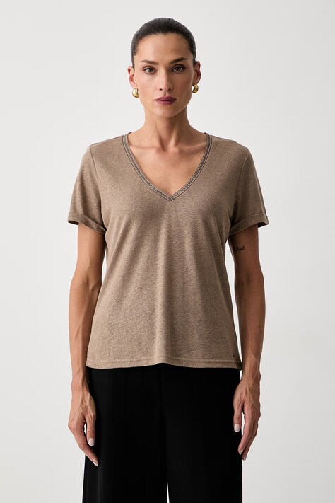 Morgan T-shirt damski z wiskozą beżowy