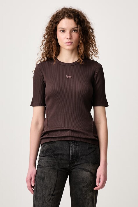 Maison Kitsuné Baby Fox T-shirt basic damski bawełniany z elastanem brązowy MRWJT02KA0052