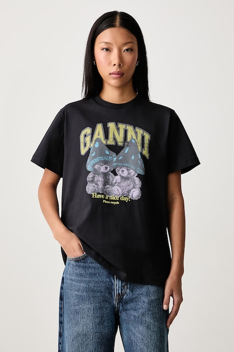 GANNI Teddy Mushrooms tricou din bumbac pentru femei negru A1050332
