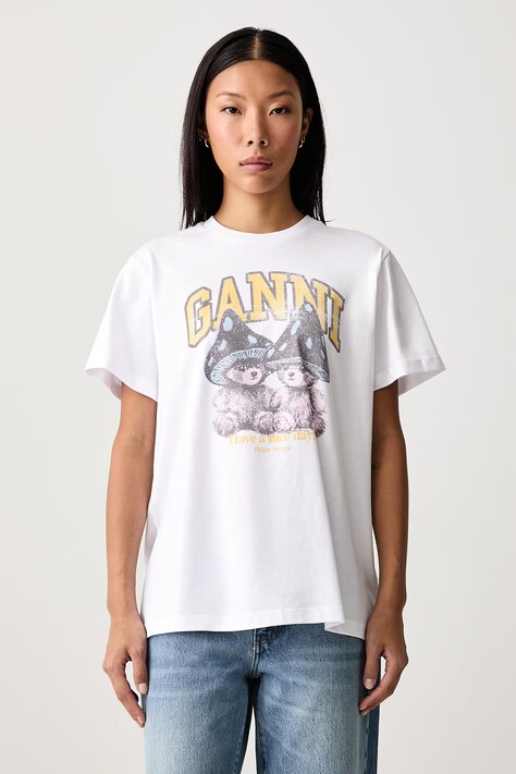 GANNI Teddy Mushrooms tricou din bumbac pentru femei alb A1050311