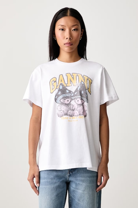 GANNI Teddy Mushrooms tricou din bumbac pentru femei alb A1050311