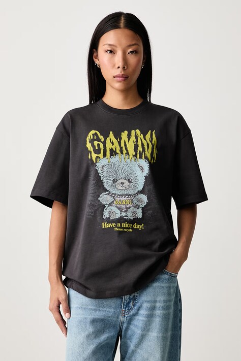 GANNI Forest Teddy tricou oversized din bumbac pentru femei gri A1050303