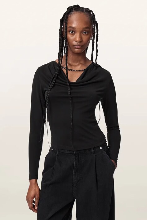 AllSaints Longsleeve damski z wiskozą HALLIE LS TOP czarny W242JE