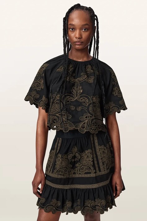 AllSaints Top damski z wiskozą MIRIAM EMB czarny W048PE