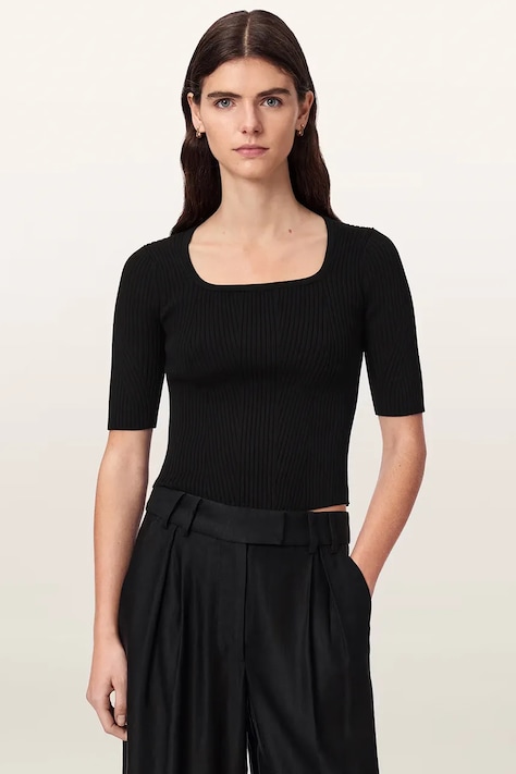 AllSaints T-shirt swetrowy damski z wiskozą CRUZ HALLY TOP czarny W038KF