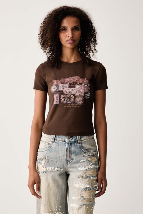 Miss Sixty T-shirt damski bawełniany z elastanem brązowy 6M3SJ15900