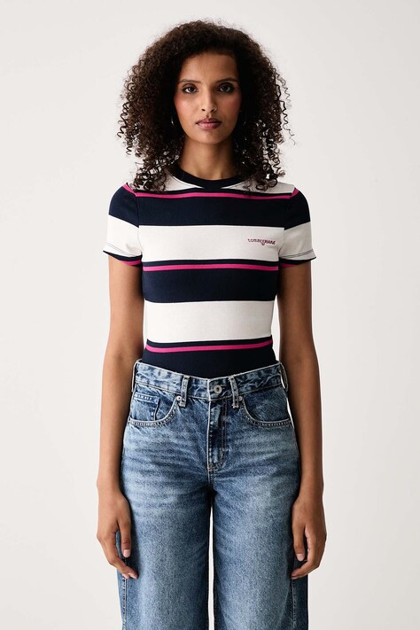 Tommy Jeans T-shirt damski bawełniany z elastanem granatowy DW0DW23834