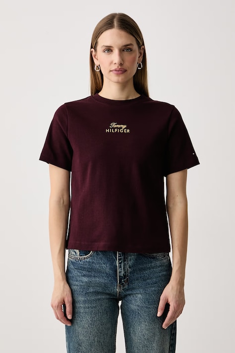 Tommy Hilfiger Osnovna kratka majica ženska bombažna bordo WW0WW51725