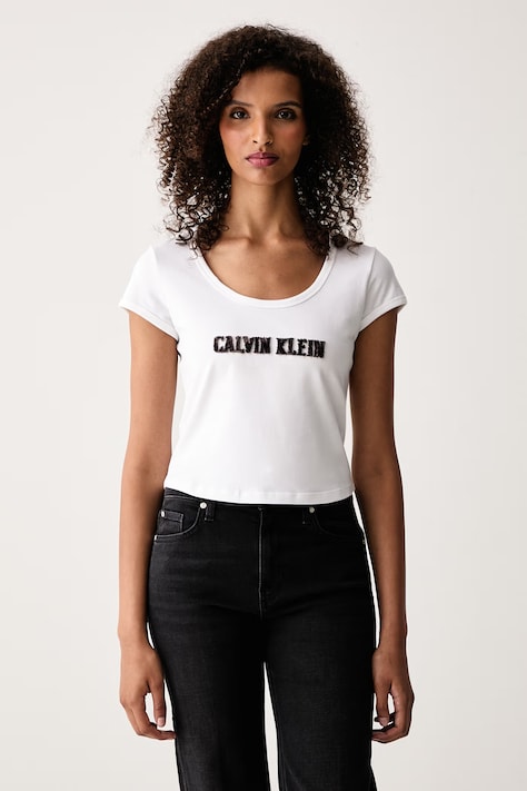 Calvin Klein Jeans Kratka majica ženska bombažna z elastanom bela LV047H829G
