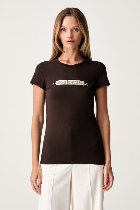 Armani Exchange T-shirt damski bawełniany z elastanem brązowy XW002811 AF16294