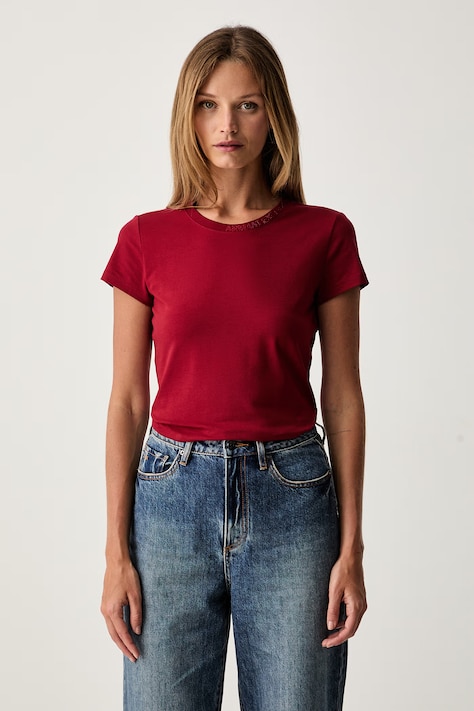 Armani Exchange T-shirt basic damski bawełniany z elastanem czerwony XW002743 AF23955