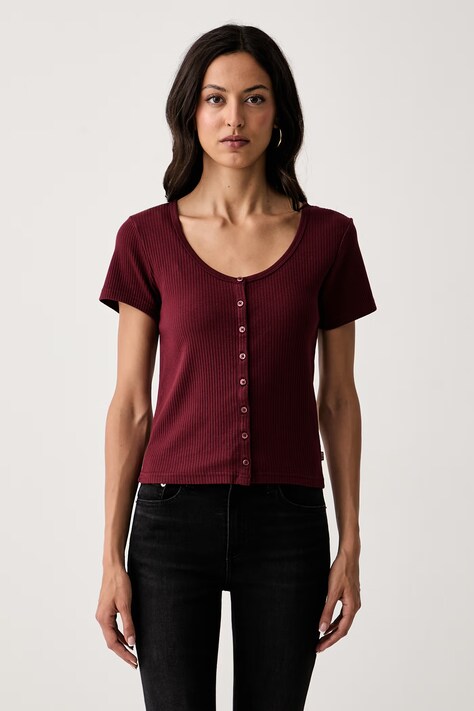 Levi's kratka majica ženska bombažna z elastanom AUSTEN BUTTON THROUGH SS rdeča 0087U-0007