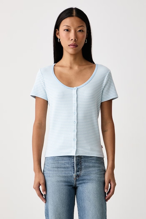 Levi's Тениска дамска с памук AUSTEN BUTTON THROUGH SS синя 0087U-0006