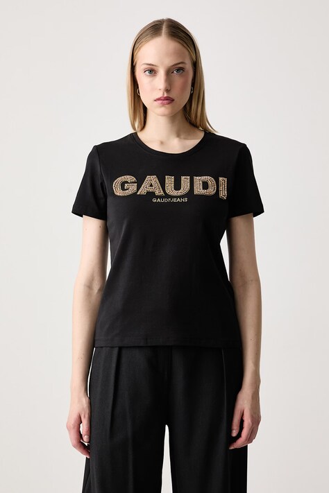 Gaudi T-shirt damski bawełniany z elastanem czarny 621BD64024