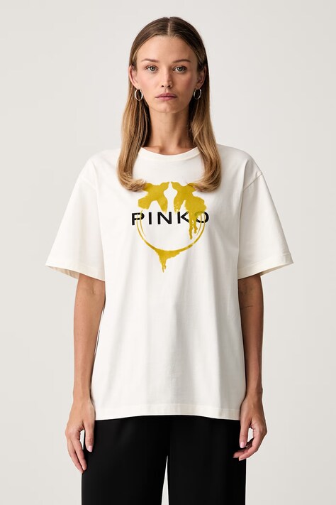 Pinko T-shirt damski bawełniany beżowy 105526 A3HQ