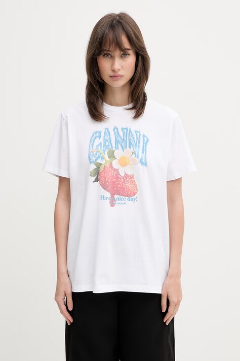GANNI T-shirt bawełniany damski biały A1050291
