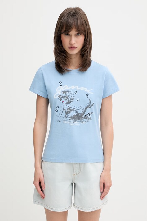 GANNI T-shirt bawełniany damski niebieski A1050239