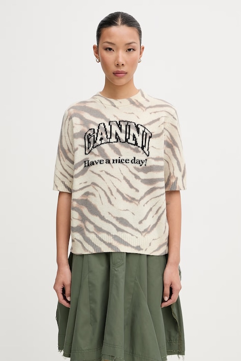 GANNI T-shirt damski z wełną beżowy A1050227
