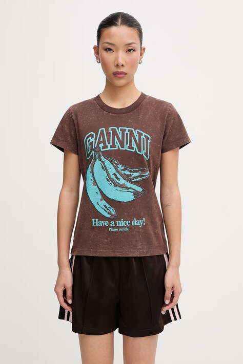 GANNI T-shirt bawełniany damski brązowy A1050204