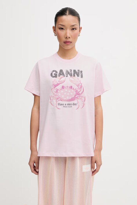 GANNI T-shirt bawełniany damski różowy A1050197