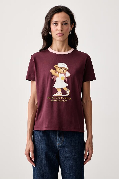 Guess T-shirt damski z bawełną bordowy V6BI14 K6742
