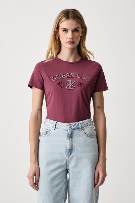 Guess T-shirt damski bawełniany ELSA różowy V6BI12 K6647