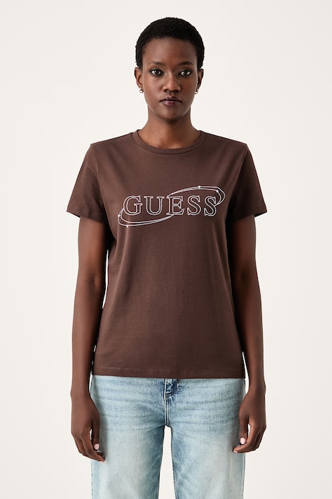 Guess T-shirt damski z bawełną brązowy V6BI01 K6248