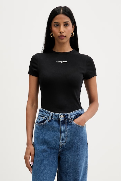 Tommy Jeans kratka majica ženska bombažna z elastanom črna DW0DW22809