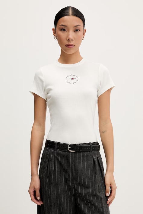 Tommy Jeans T-shirt damski bawełniany z elastanem beżowy DW0DW22807