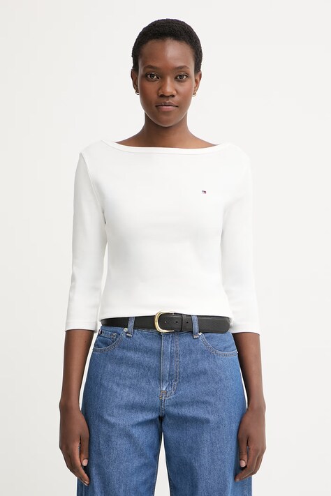 Tommy Hilfiger longsleeve pentru femei din bumbac alb WW0WW49928