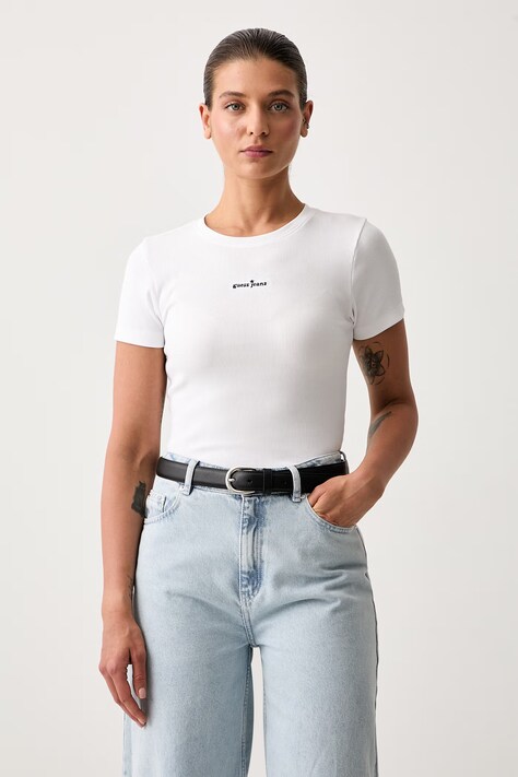 Guess Jeans T-shirt damski bawełniany z elastanem biały W6YP13 K3819