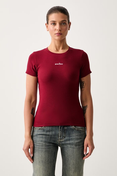 Guess Jeans T-shirt damski bawełniany z elastanem bordowy W6YP13 K3819