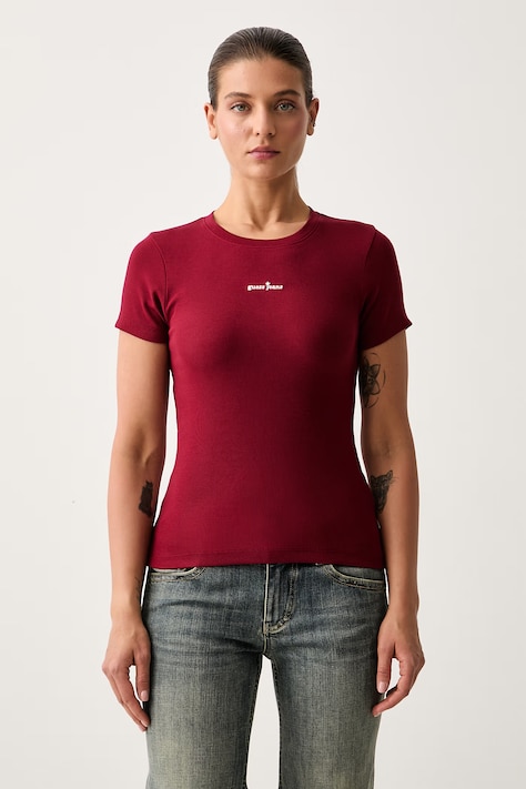 Guess Jeans majica za žene od pamuka s elastanom bordo W6YP13 K3819