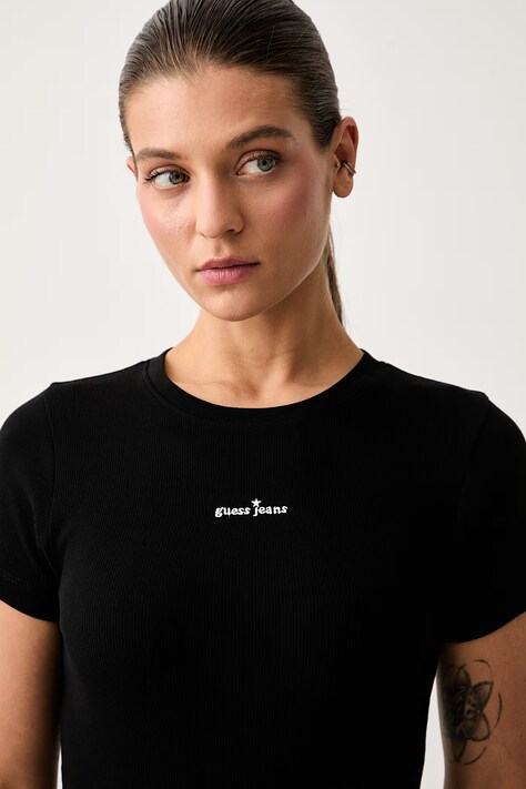 Guess Jeans T-shirt damski bawełniany z elastanem czarny W6YP13 K3819