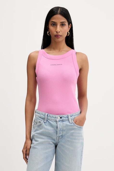 Tommy Jeans crop top dámsky bavlnený s elastanom ružový DW0DW22806