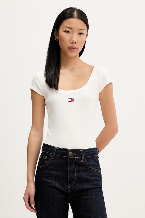 Tommy Jeans T-shirt damski bawełniany z elastanem beżowy DW0DW22793