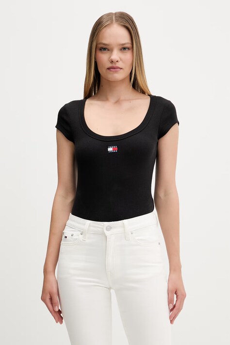 Tommy Jeans T-shirt damski bawełniany z elastanem czarny DW0DW22793
