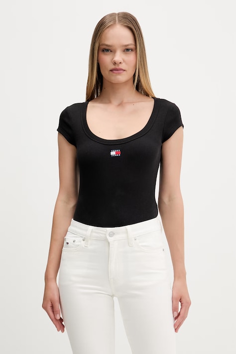 Tommy Jeans T-shirt damski bawełniany z elastanem czarny DW0DW22793