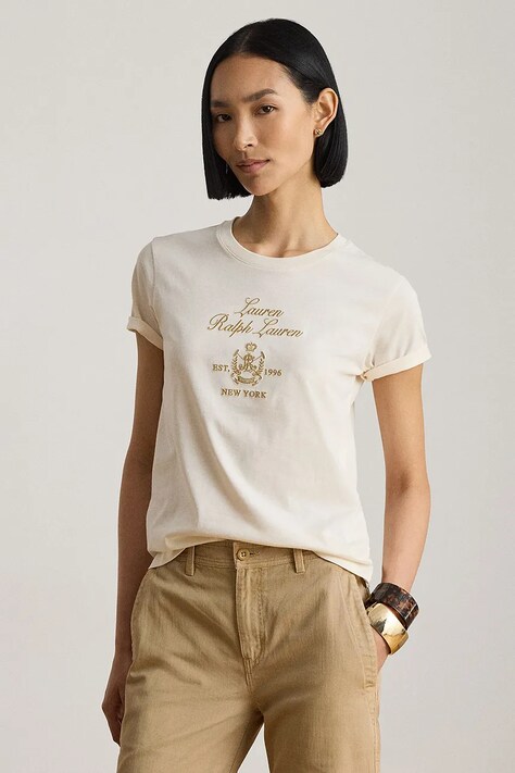Lauren Ralph Lauren T-shirt damski bawełniany beżowy 200P13943