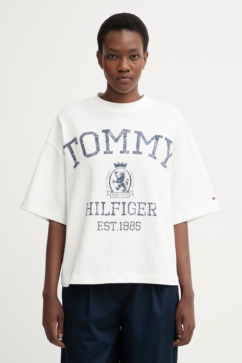 Tommy Hilfiger T-shirt oversize damski bawełniany beżowy WW0WW50940