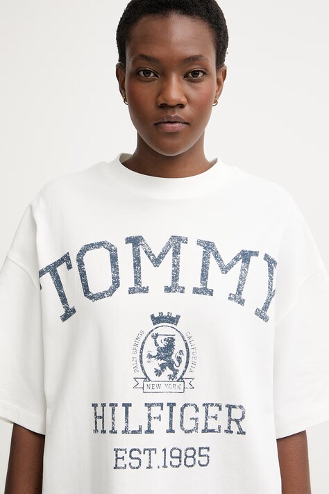 Tommy Hilfiger T-shirt oversize damski bawełniany beżowy WW0WW50940