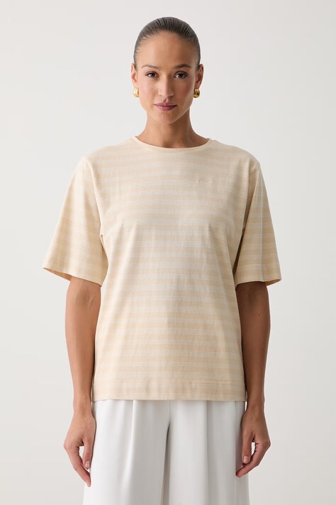 BOSS Orange T-shirt oversize damski bawełniany C_Eregular_stripe_1 beżowy 50567124